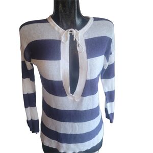 LOFT Navy and White Linen Blend V-Neck Long Sleeve Light Knit Top Size S